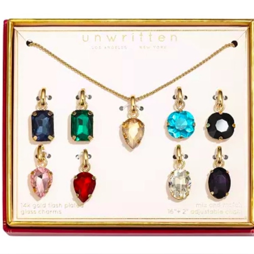 Unwritten Gold Plated Necklace Set w/ 9 Glass Charms, Multicolor
